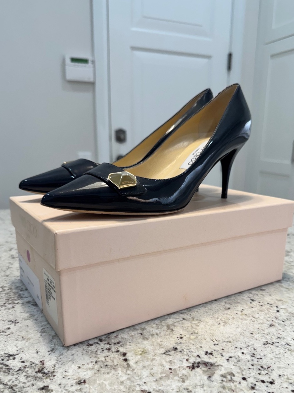 Jimmy Choo Hyder Navy Patent Pump with Metal Stud 38.5